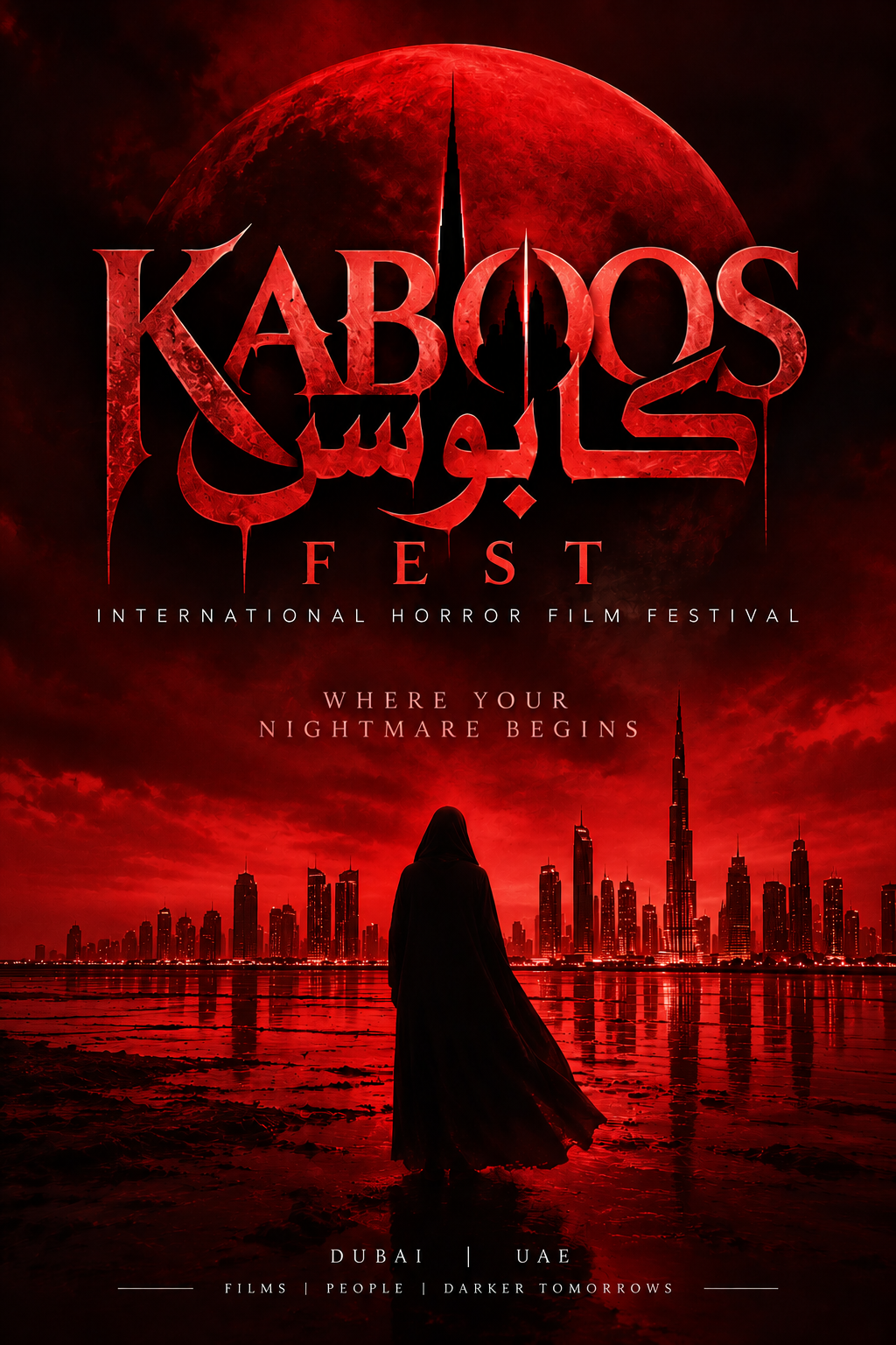 Kaboos Fest concept poster featuring a red moon above the Dubai skyline